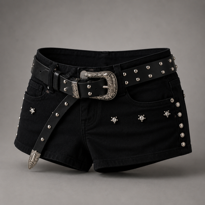 Midnight Rebel Studded Denim Shorts